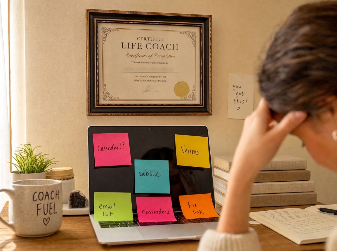 A framed life coach certificate above a laptop covered in sticky notes: Calendly, Venmo, website