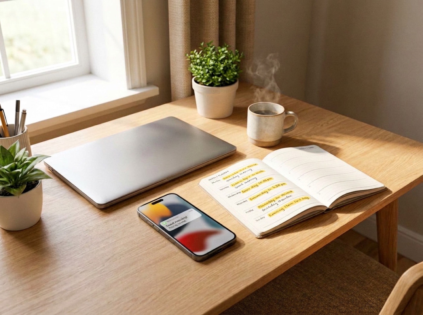 The same kind of desk in the morning: closed laptop, full planner, coffee