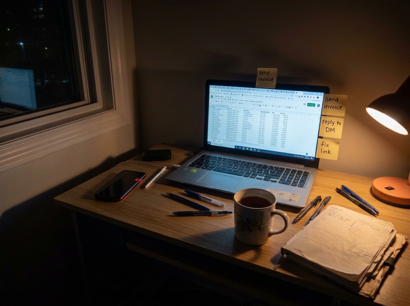 A desk at night with a laptop full of tabs and sticky notes