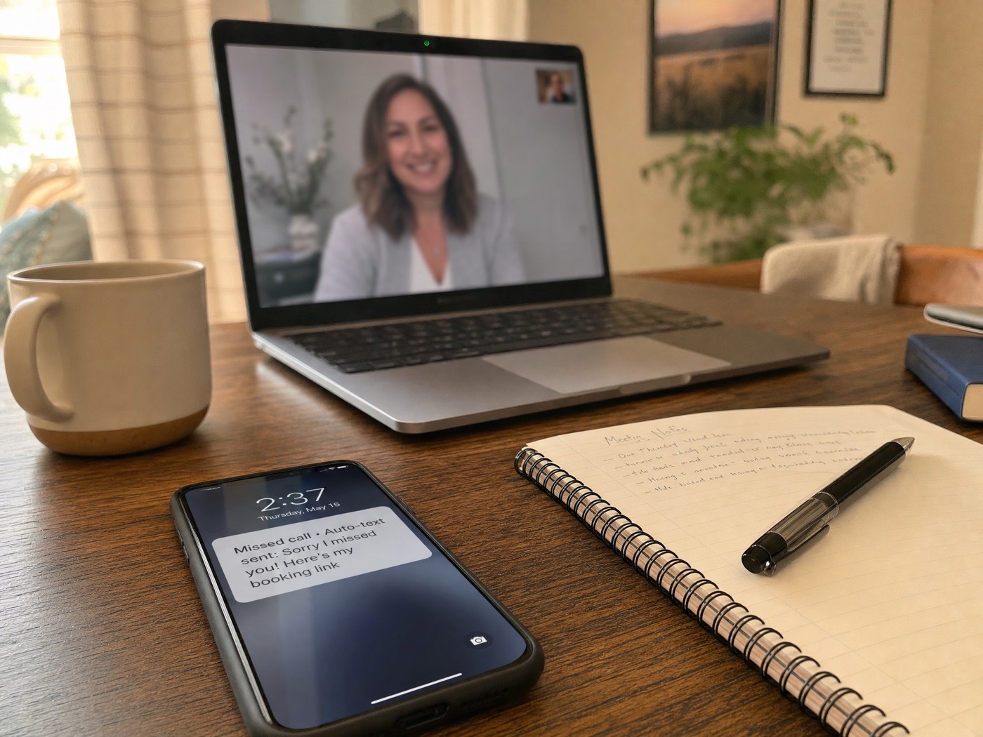 A phone showing a missed-call auto-text while the coach is on a video session