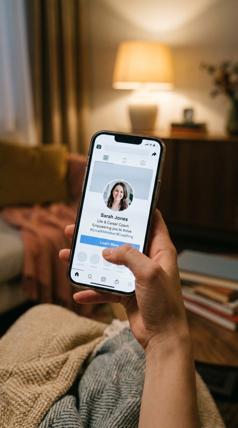 A thumb tapping the link on a coach's profile